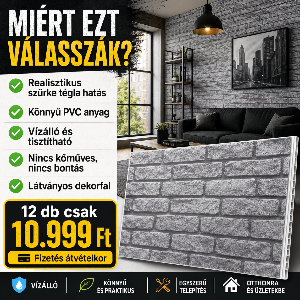 Szürke Tégla Mintás PVC Falpanel – 12.DB - | Cyber Bazaar