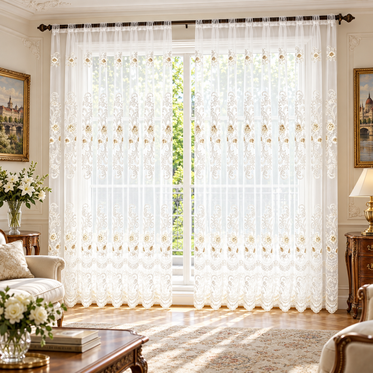 Y2606 hímzett fényáteresztő függöny – arany részletekkel, 280 × 250 cm – elhelyezési példa