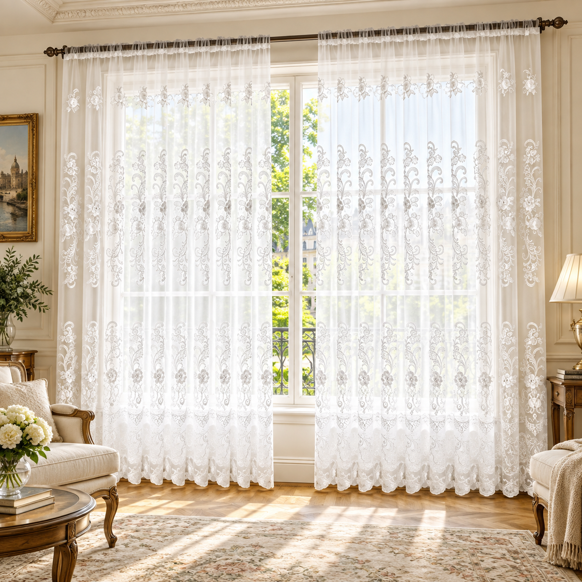 Y2606 hímzett fényáteresztő függöny – fehér, 280 × 250 cm – elhelyezési példa