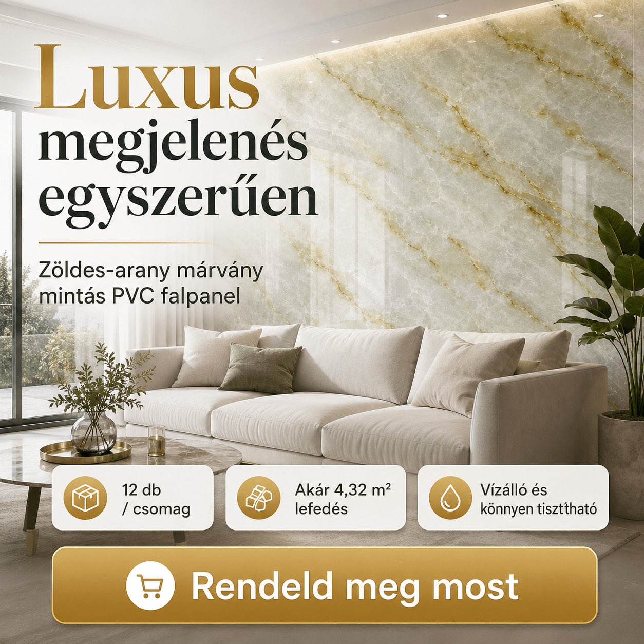 Zöldes - Arany Márvány Mintás PVC Falpanel – 12.Db - | Cyber Bazaar